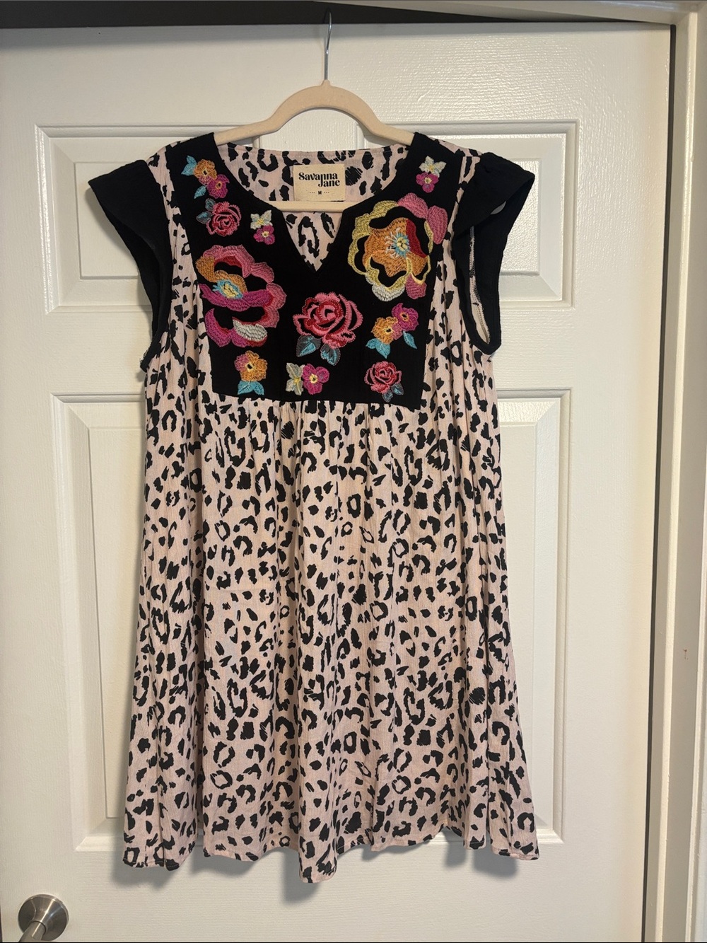 Savanna Jane Pink Leopard Print Dress with Black Embroidered Yoke